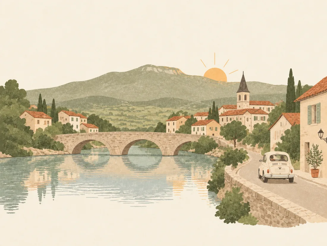 Un village au bord de la Saône au lever du soleil, avec les monts d’Or en arrière-plan